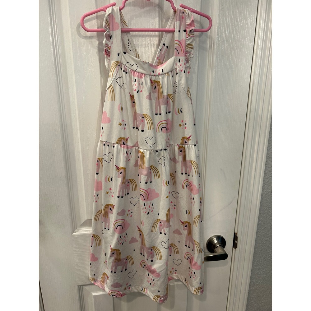 Mila & Rose Dress White Unicorn Rainbow Ruffle Tiered Crisscross Back 7-8